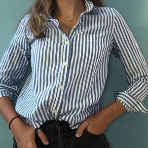 blue and white vertical striped button down shirt